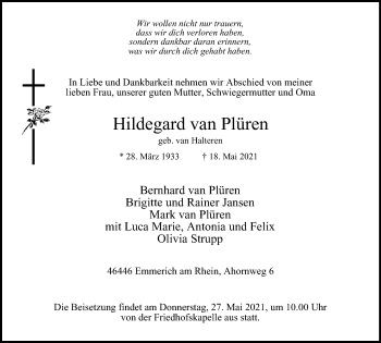 Traueranzeige von Hildegard van Plüren von WVW Anzeigenblätter