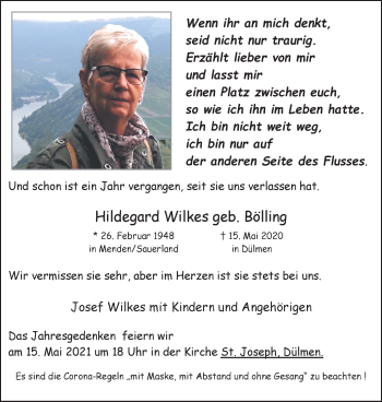 Traueranzeige von Hildegard Wilkes von WVW Anzeigenblätter