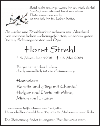 Traueranzeige von Horst Strehl von WVW Anzeigenblätter