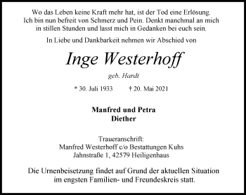 Traueranzeige von Inge Westerhoff von WVW Anzeigenblätter