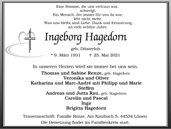 Traueranzeige von Ingeborg Hagedorn von WVW Anzeigenblätter