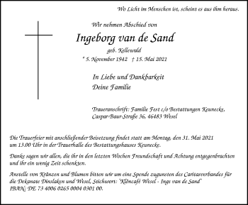 Traueranzeige von Ingeborg van de Sand von WVW Anzeigenblätter