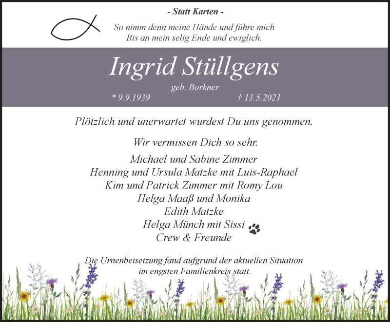  Traueranzeige für Ingrid Stüllgens vom 26.05.2021 aus WVW Anzeigenblätter