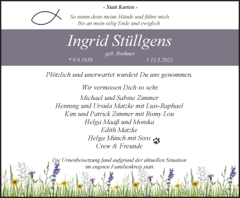 Traueranzeige von Ingrid Stüllgens von WVW Anzeigenblätter