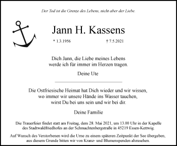 Traueranzeige von Jann H. Kassens von WVW Anzeigenblätter