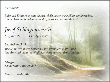 Traueranzeige von Josef Schlagenwerth von WVW Anzeigenblätter