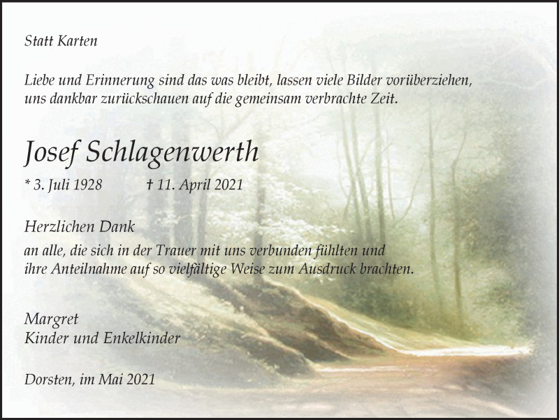  Traueranzeige für Josef Schlagenwerth vom 19.05.2021 aus WVW Anzeigenblätter