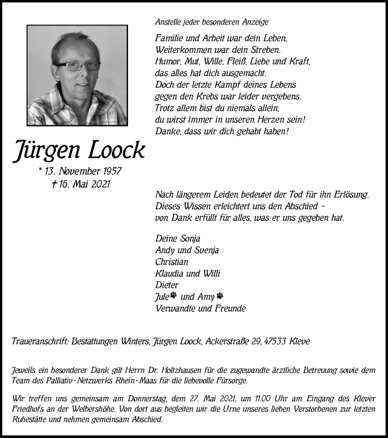  Traueranzeige für Jürgen Loock vom 22.05.2021 aus WVW Anzeigenblätter