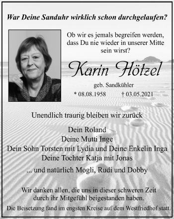 Traueranzeige von Karin Hötzel von WVW Anzeigenblätter