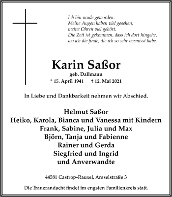 Traueranzeige von Karin Saßor von WVW Anzeigenblätter