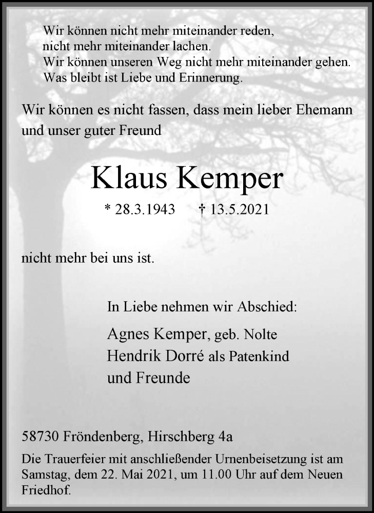  Traueranzeige für Klaus Kemper vom 19.05.2021 aus WVW Anzeigenblätter