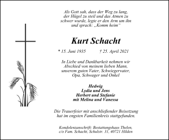 Traueranzeige von Kurt Schacht von WVW Anzeigenblätter