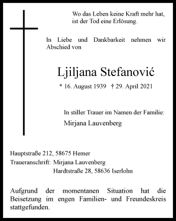 Traueranzeige von Ljiljana Stefanovic von WVW Anzeigenblätter