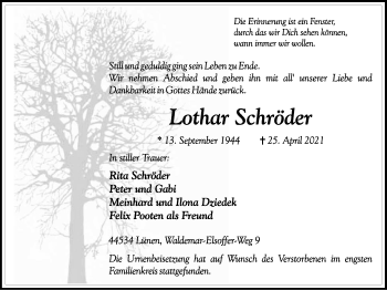 Traueranzeige von Lothar Schröder von WVW Anzeigenblätter