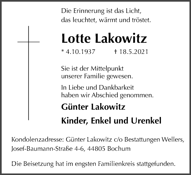  Traueranzeige für Lotte Lakowitz vom 22.05.2021 aus WVW Anzeigenblätter