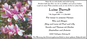 Traueranzeige von Luise Berndt von WVW Anzeigenblätter