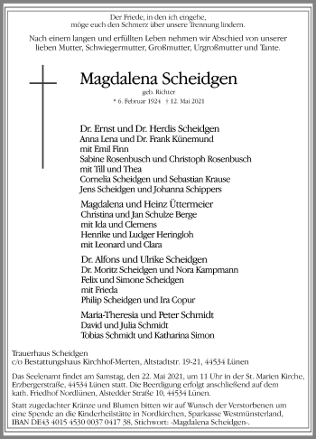 Traueranzeige von Magdalena Scheidgen von WVW Anzeigenblätter