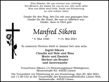 Traueranzeige von Manfred Sikora von WVW Anzeigenblätter