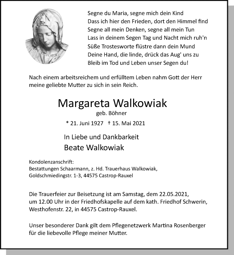  Traueranzeige für Margareta Walkowiak vom 19.05.2021 aus WVW Anzeigenblätter