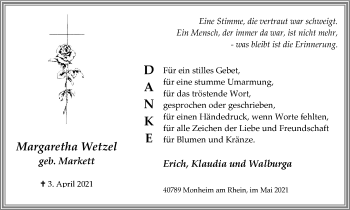 Traueranzeige von Margaretha Wetzel von WVW Anzeigenblätter