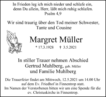 Traueranzeige von Margret Müller von WVW Anzeigenblätter