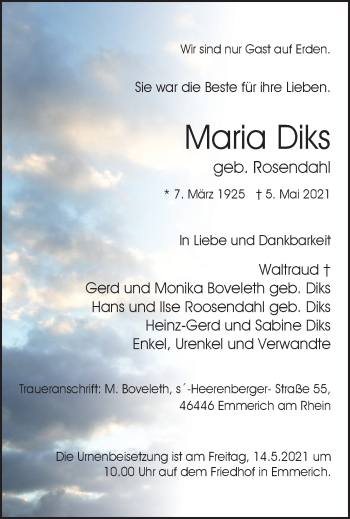 Traueranzeige von Maria Diks von WVW Anzeigenblätter