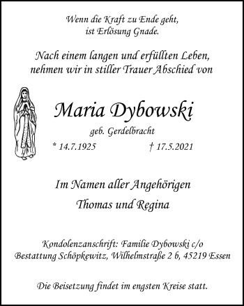 Traueranzeige von Maria Dybowski von WVW Anzeigenblätter