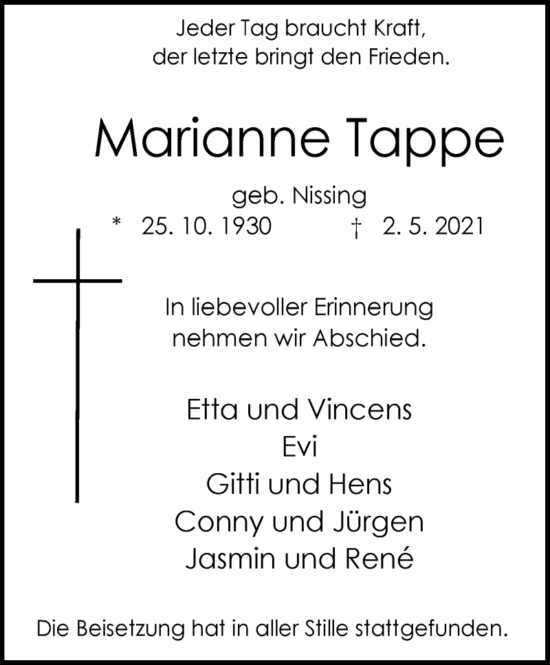  Traueranzeige für Marianne Tappe vom 22.05.2021 aus WVW Anzeigenblätter