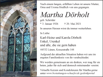 Traueranzeige von Martha Dörholt von WVW Anzeigenblätter