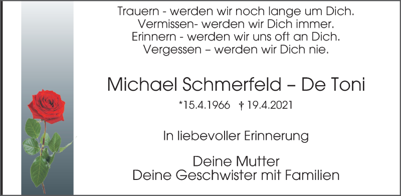  Traueranzeige für Michael Schmerfeld-De Toni vom 29.05.2021 aus WVW Anzeigenblätter