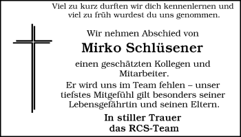 Traueranzeige von Mirko Schlüsener von WVW Anzeigenblätter