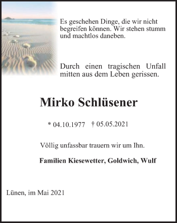 Traueranzeige von Mirko Schlüsener von WVW Anzeigenblätter