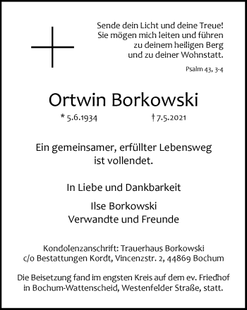 Traueranzeige von Ortwin Borkowski von WVW Anzeigenblätter