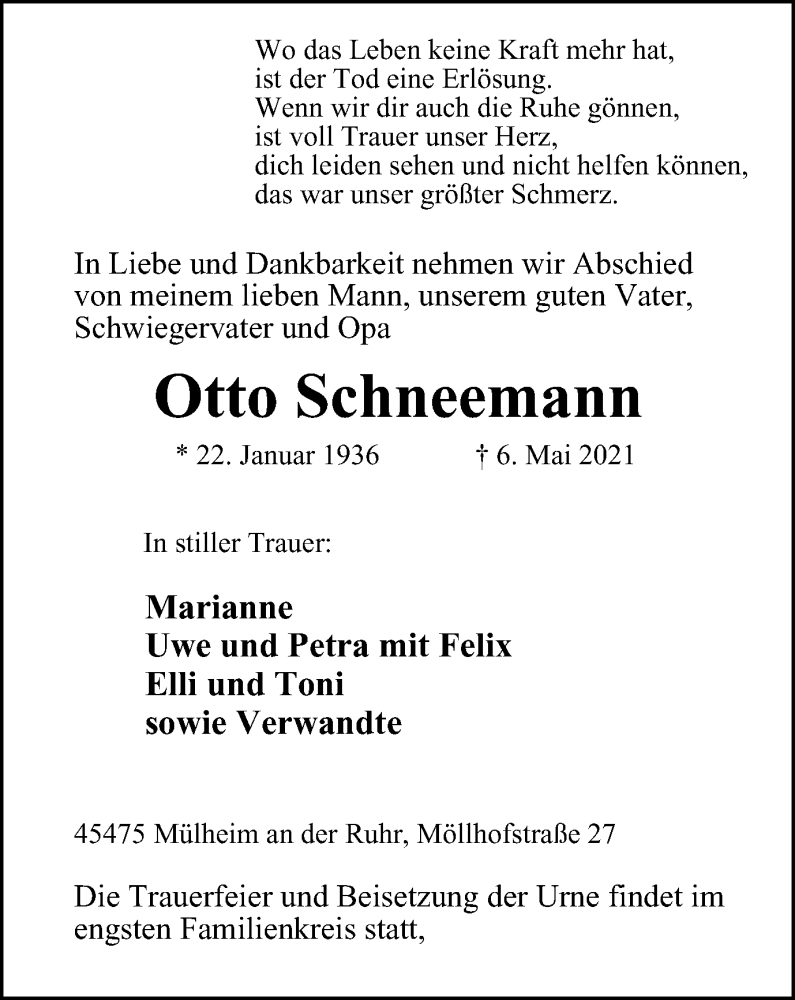  Traueranzeige für Otto Schneemann vom 15.05.2021 aus WVW Anzeigenblätter