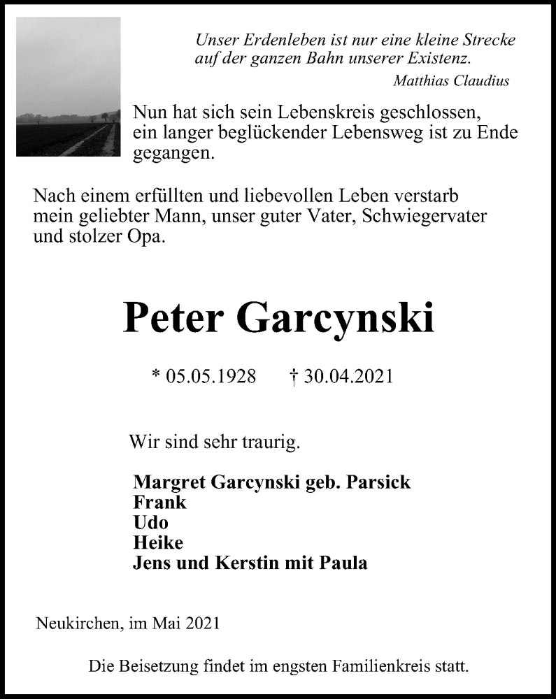  Traueranzeige für Peter Garcynski vom 12.05.2021 aus WVW Anzeigenblätter