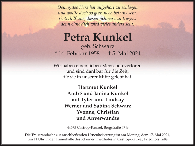  Traueranzeige für Petra Kunkel vom 12.05.2021 aus WVW Anzeigenblätter