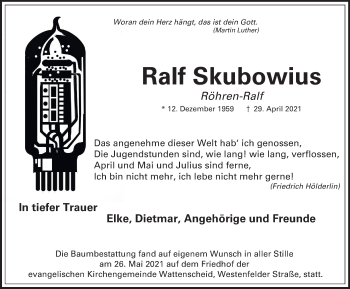 Traueranzeige von Ralf Skubowius von WVW Anzeigenblätter