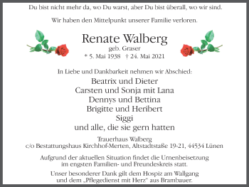 Traueranzeige von Renate Walberg von WVW Anzeigenblätter