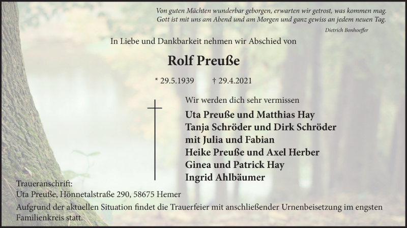  Traueranzeige für Rolf Preuße vom 12.05.2021 aus WVW Anzeigenblätter