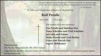 Traueranzeige von Rolf Preuße von WVW Anzeigenblätter