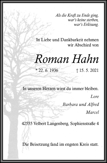 Traueranzeige von Roman Hahn von WVW Anzeigenblätter