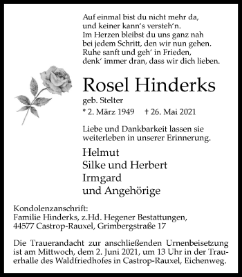 Traueranzeige von Rosel Hinderks von WVW Anzeigenblätter