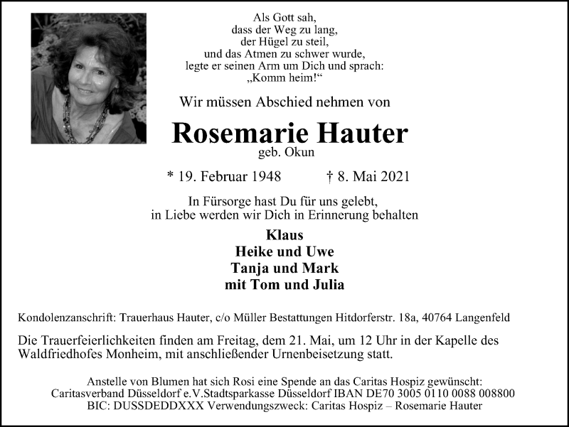  Traueranzeige für Rosemarie Hauter vom 15.05.2021 aus WVW Anzeigenblätter