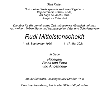 Traueranzeige von Rudi Mittelstenscheidt von WVW Anzeigenblätter