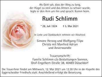 Traueranzeige von Rudi Schlimm von WVW Anzeigenblätter