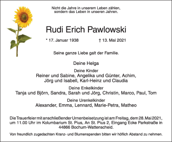 Traueranzeige von Rudi Erich Pawlowski von WVW Anzeigenblätter