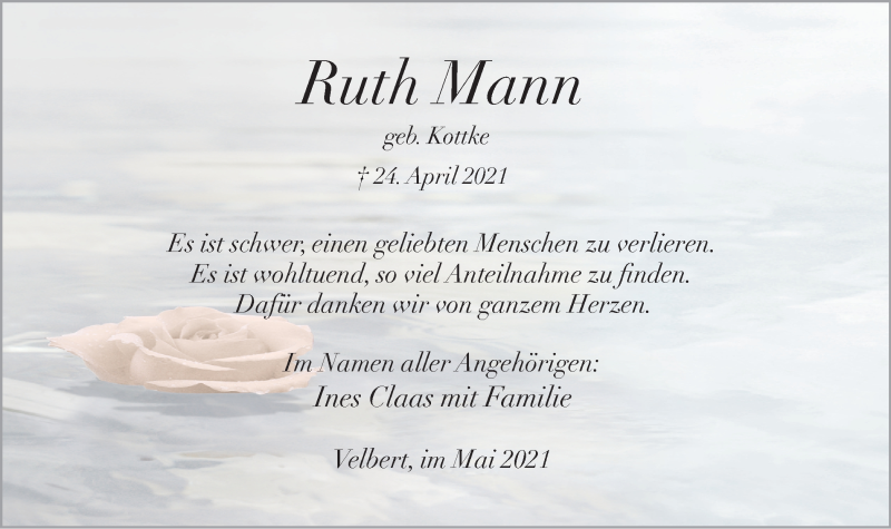 Traueranzeigen Von Ruth Mann Trauer In Nrwde