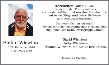 Traueranzeige von Stefan Wiewiora von WVW Anzeigenblätter