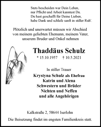 Traueranzeige von Thaddäus Schulz von WVW Anzeigenblätter