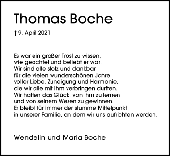 Traueranzeige von Thomas Boche von WVW Anzeigenblätter